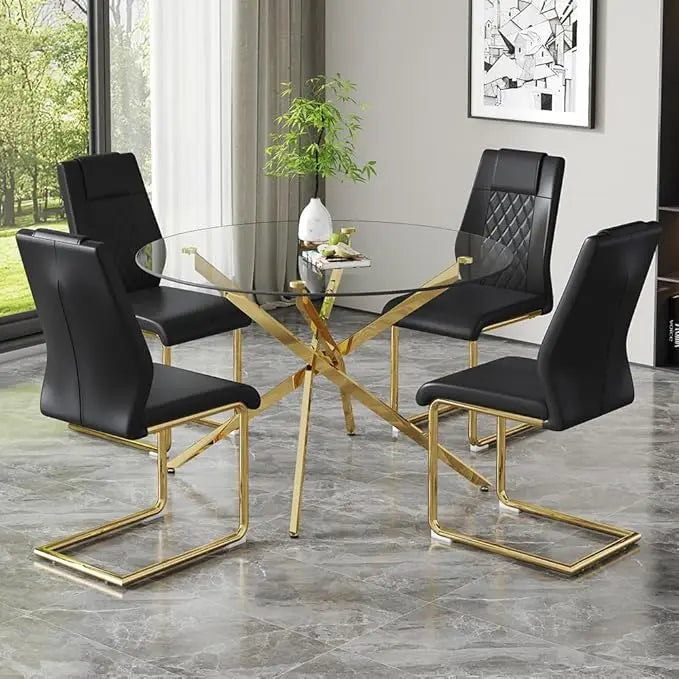 Round Glass Dining Table Set for 4,5 Piece Modern Tempered Glass Kitchen Dining Table Chairs Set,47 Inch Modern Glass Dining