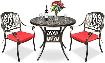 3 Piece Patio Dining Set, All-Weather Outdoor Cast Aluminum Patio Furniture Conversation Set Includes Round Table and Chairs wi