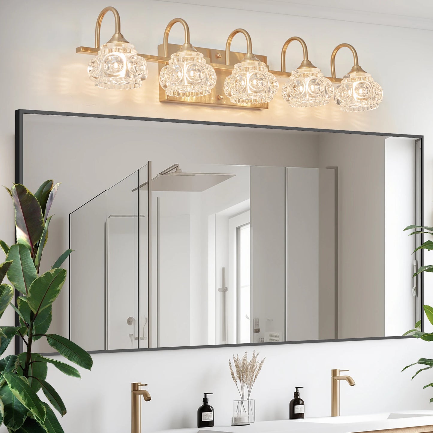Modern Crystal Bathroom Vanity Light, 5-Light Golden Wall Sconce with Clear Glass Shade, Elegant Wall Mount Lighting(No Bulbs)