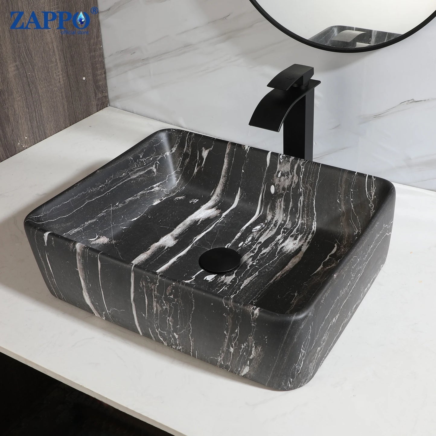 ZAPPO Bathroom Vessel Sink Ceramic Vessel Sink with Faucet Combo Rectangular Marble Vanity Sinks for Bathrooms Above Counter