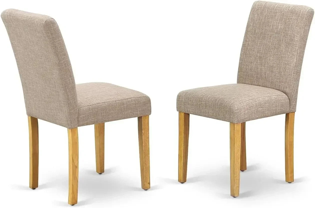 5 Piece Dining Set Includes a Rectangle Dining Room Table with Butterfly Leaf and 4 Light Tan Linen Fabric Upholstered Chairs