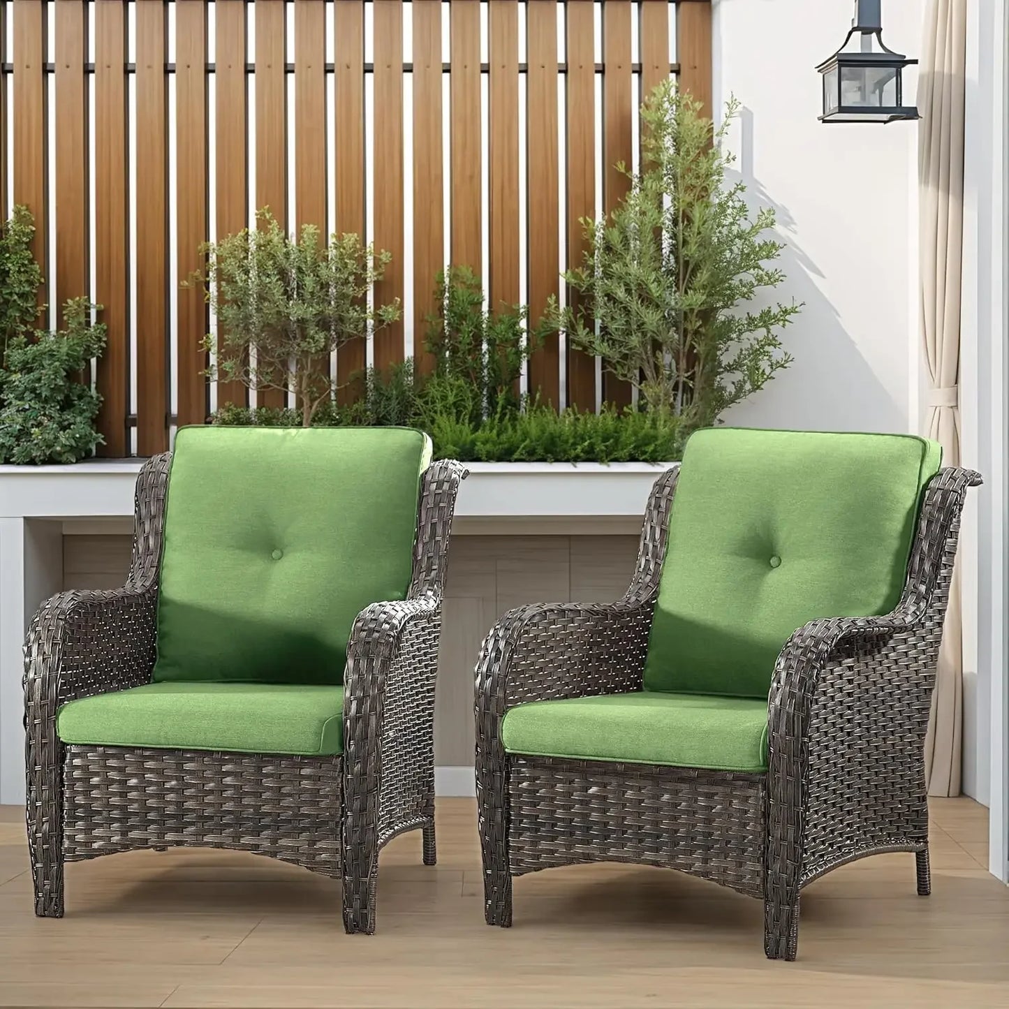 Patio Wicker Patio Chairs Set of 2, Outdoor Dining Chairs with 3.5-inch Seat Cushions, High Back and Curved Armrest for Garden