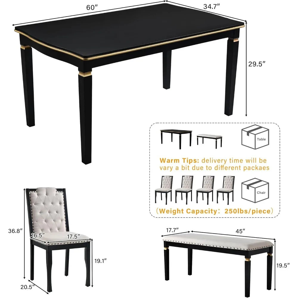 6-Piece Solid Wood Dining Table Set, Modern Elegant 60" Rectangular with 4 High-Back Tufted Upholstered Chairs + 1 Bench for Ki