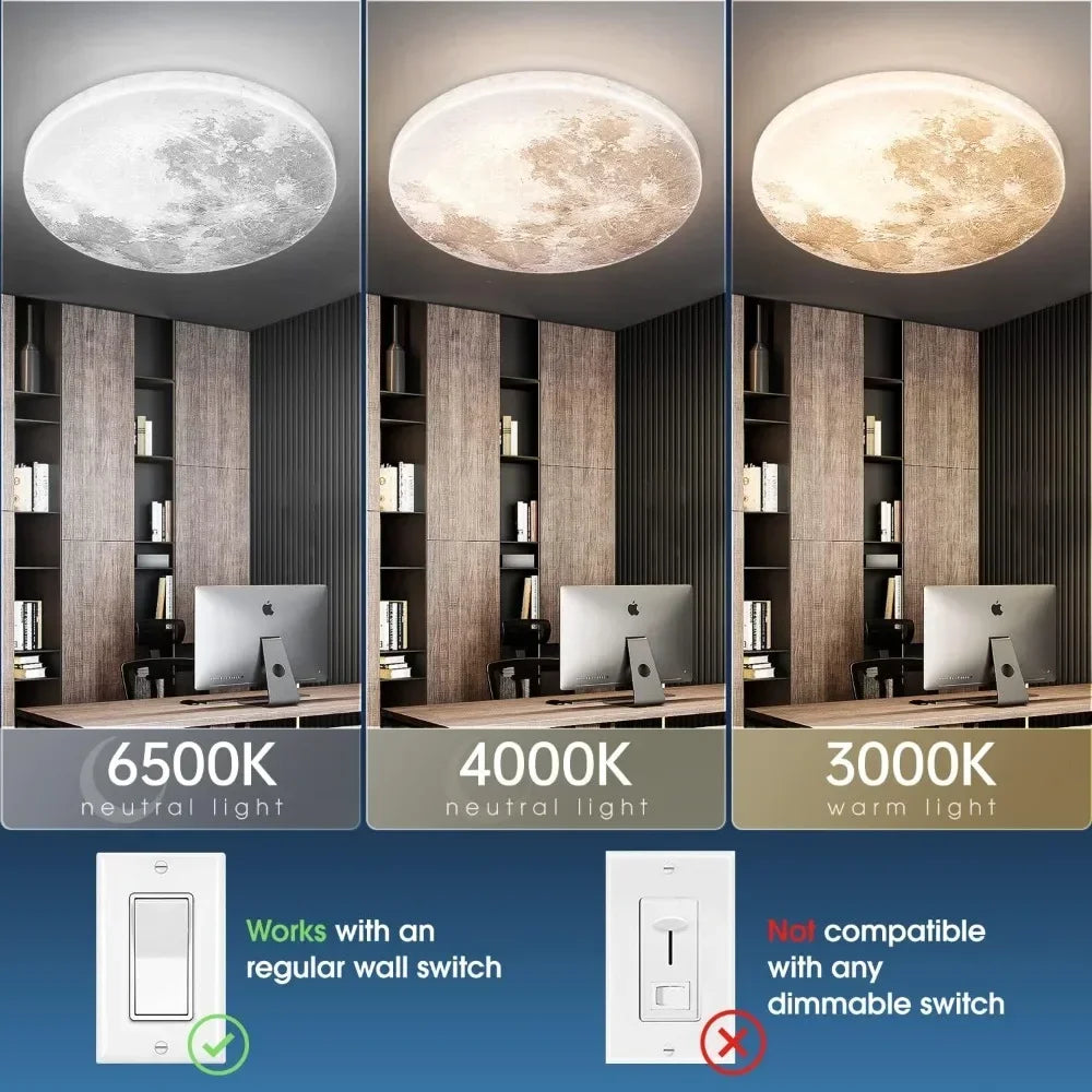 Moon-style Dimmable Flush Mount Ceiling Light Fixture 3000K/4000K/6500K Changeable Color By Wall Switch