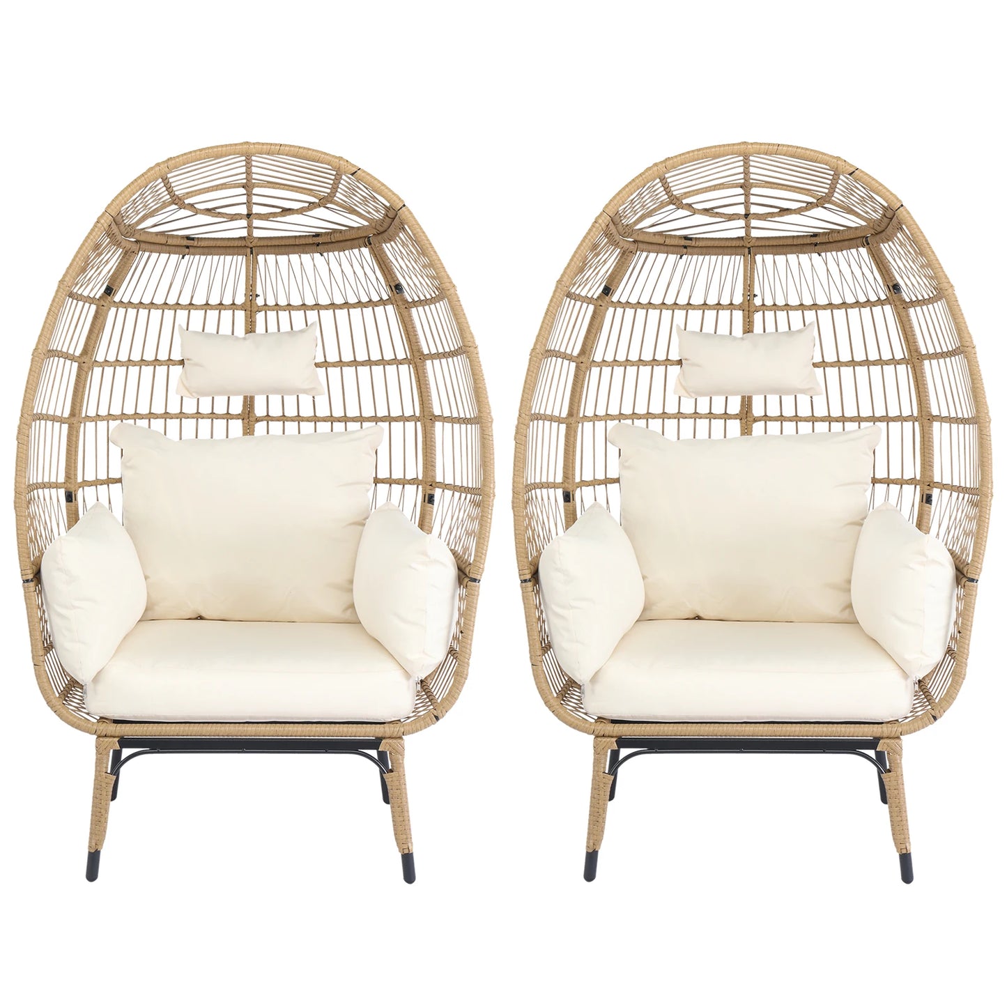 Wicker Egg Chair, Oversized Indoor Outdoor Lounger with Stand and Cushions Beige Rattan & Creamy White Cushion