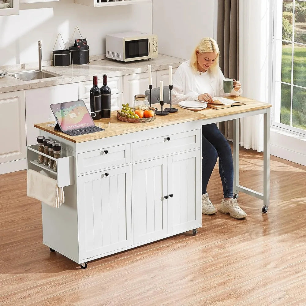 Kitchen Islands with Extendable Dining Table, 81.7" Mobile Kitchen Storage Islands, Rolling Kitchen Cart with Trash Cabinet, Pow