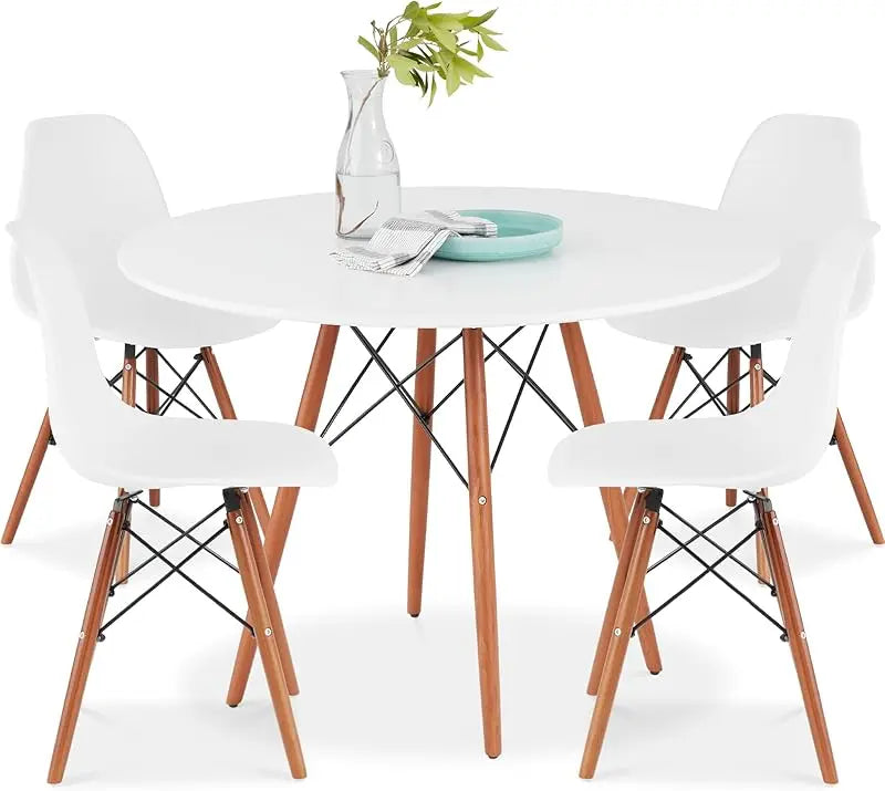5-Piece Dining Set, Compact Mid-Century Modern Table & Chair Set for Home, Apartment w/ 4 Chairs, Plastic Seats, Wooden Legs