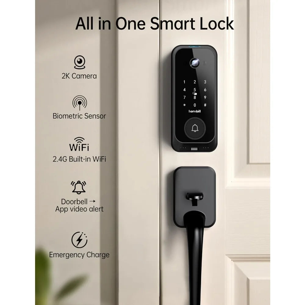 Smart Front Door Lock Sets: 2K HD Camera Lock with Doorbell Kits, Hornbill Fingerprint Keyless Entry Door Lock with Handles, WiF