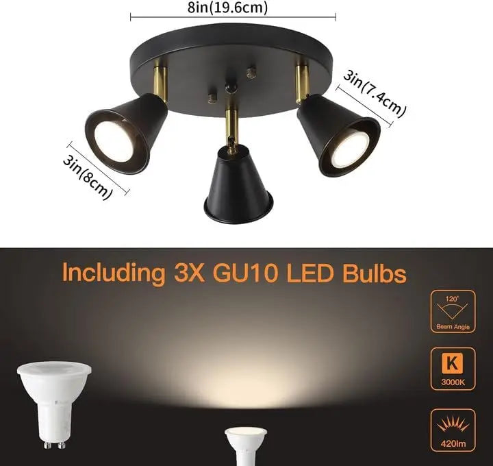 ndustrial 3-Light Adjustable Track Light - Black Flush Mount Ceiling Spotlight for Kitchen, Dining Room & Hallway w/ GU10 Bulbs