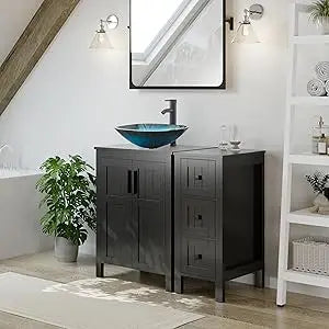 36" Black Bathroom Vanity With Sink Combo, Modern Cabinet With 3 Drawers, Grooved Doors & Metal Handles, Champagne Boat Tempere