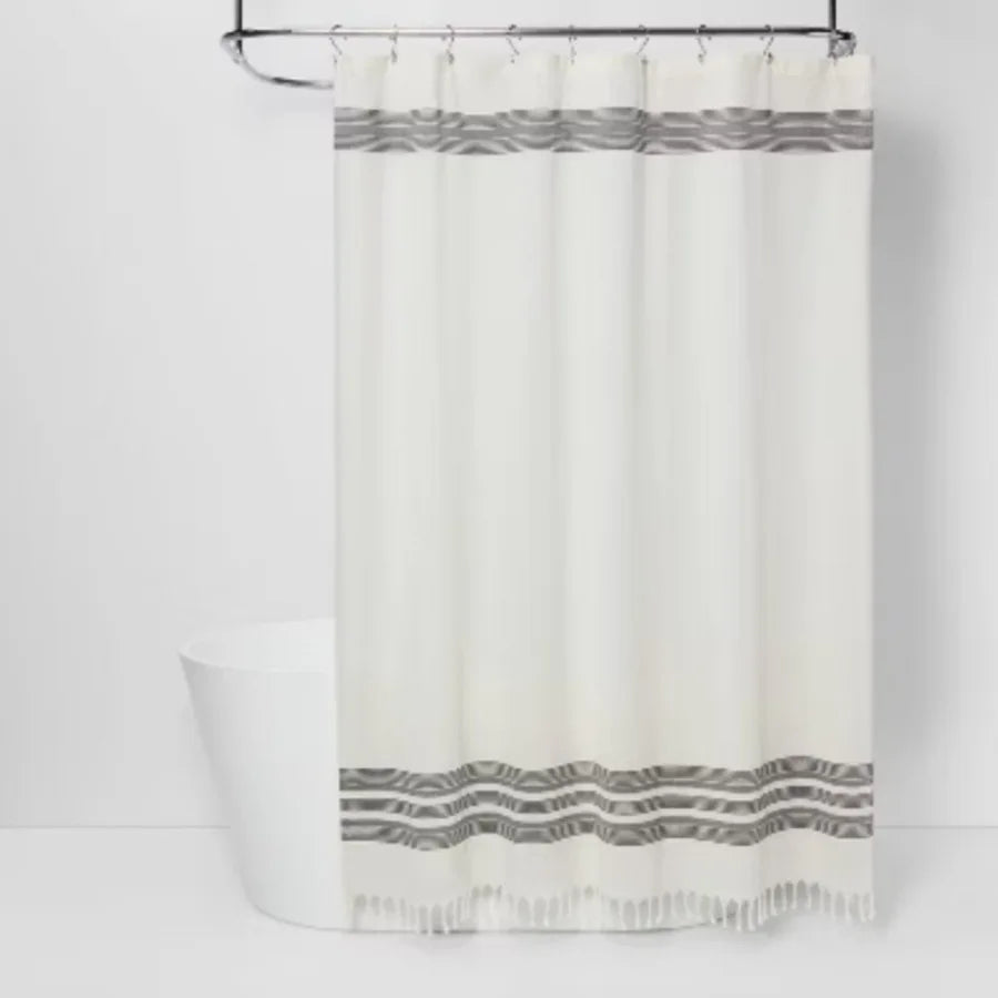 Striped Tassel Shower Curtain (Off-White) - Cotton Fabric, Modern Bathroom Decor, Buttonhole Top