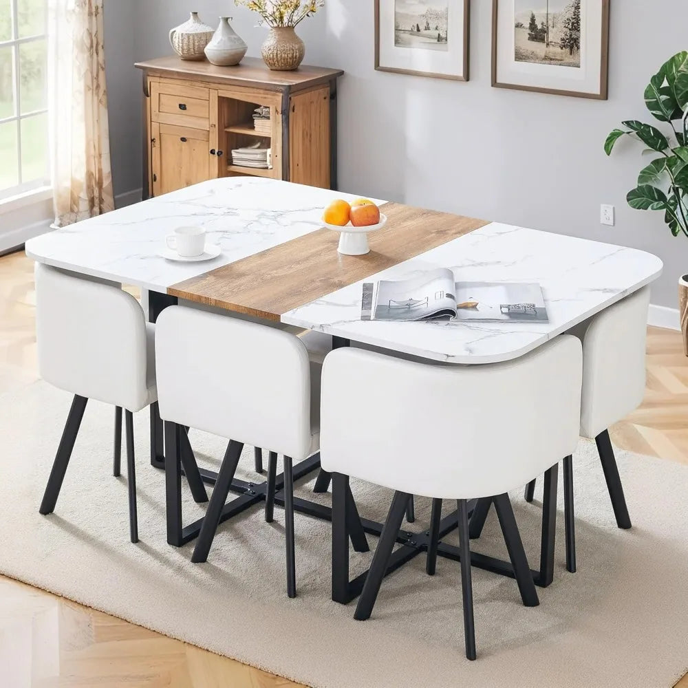 Modern Dining Table Set for 6, 60.2" Dinner Table Set for 6, White Faux Marble Tabletop with Sturdy Metal Legs, 6 Compact Design