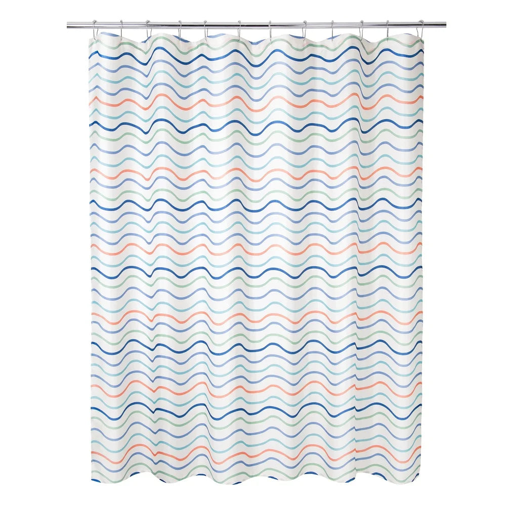 Coastal 13-piece Fabric Shower Curtain Set with Chrome Hooks Wavy Stripe Design Bathroom Privacy and Water Protection