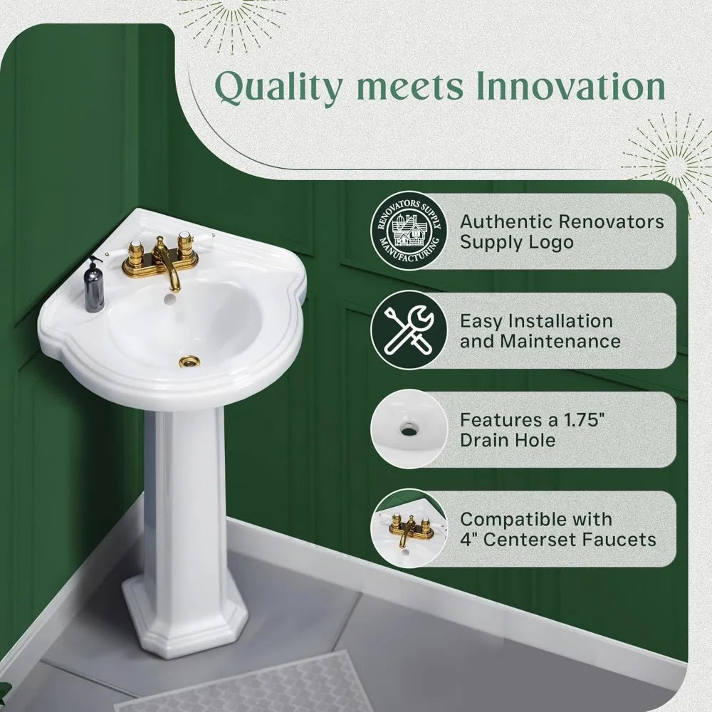 Renovators Supply Portsmouth 22 Inch Corner Pedestal Bathroom Sink, White Overflow And Pre Drilled 4 In. Centerset Faucet Holes