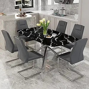 Modern Dining Table Set for 6, 63" Dinner Table Set for 6,Marble-Patterned Tempered Glass Kitchen Tabletop Silver Legs and 6 Bla