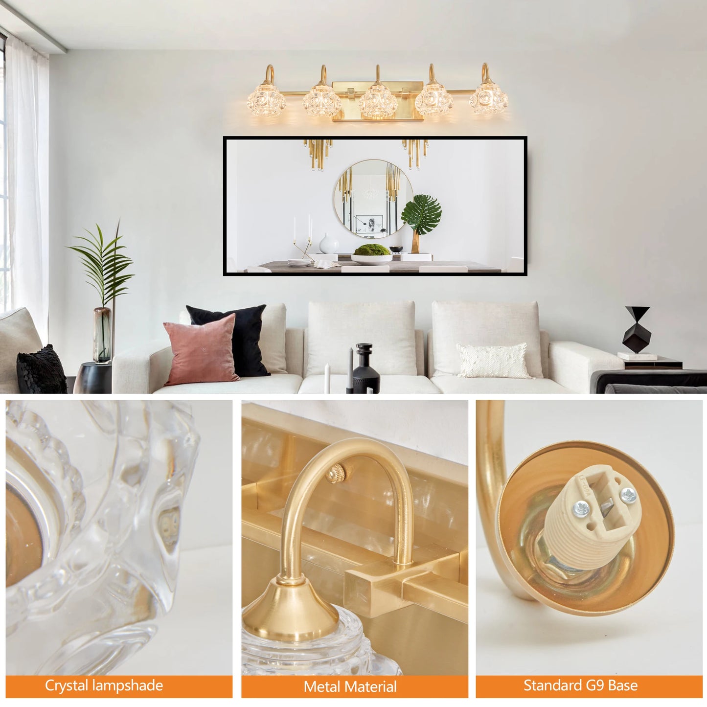 Modern Crystal Bathroom Vanity Light, 5-Light Golden Wall Sconce with Clear Glass Shade, Elegant Wall Mount Lighting(No Bulbs)