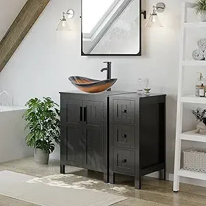 36" Black Bathroom Vanity With Sink Combo, Modern Cabinet With 3 Drawers, Grooved Doors & Metal Handles, Champagne Boat Tempere