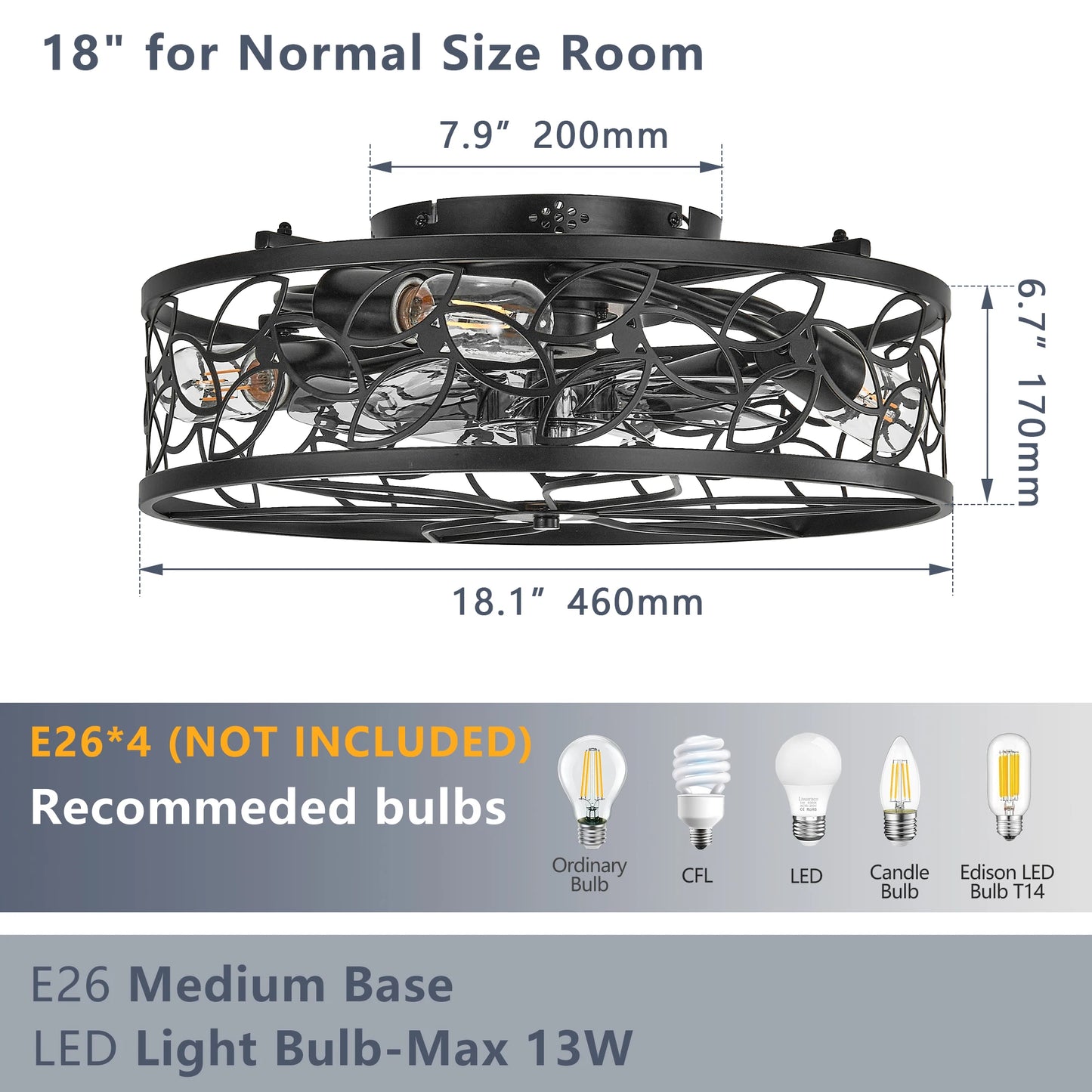 18 Inch Black Vintage Caged Ceiling Fan Light Quiet Operation,Remote Control,Industrial Style for Living Room,Bedroom(No Bulb)
