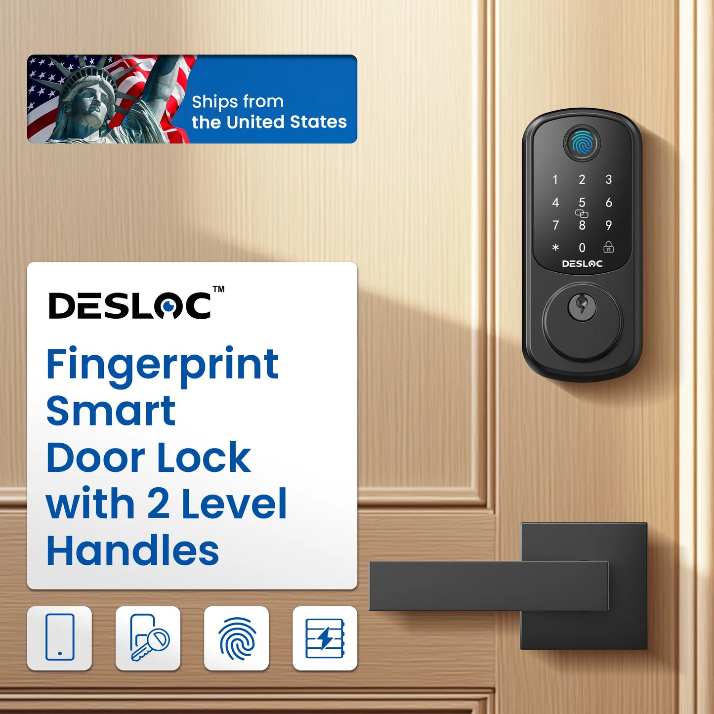 DESLOC Fingerprint Smart Door Lock with 2 Lever Handles, Electronic Keypad Deadbolt Lock, Emergency Power Port, Smart Lock