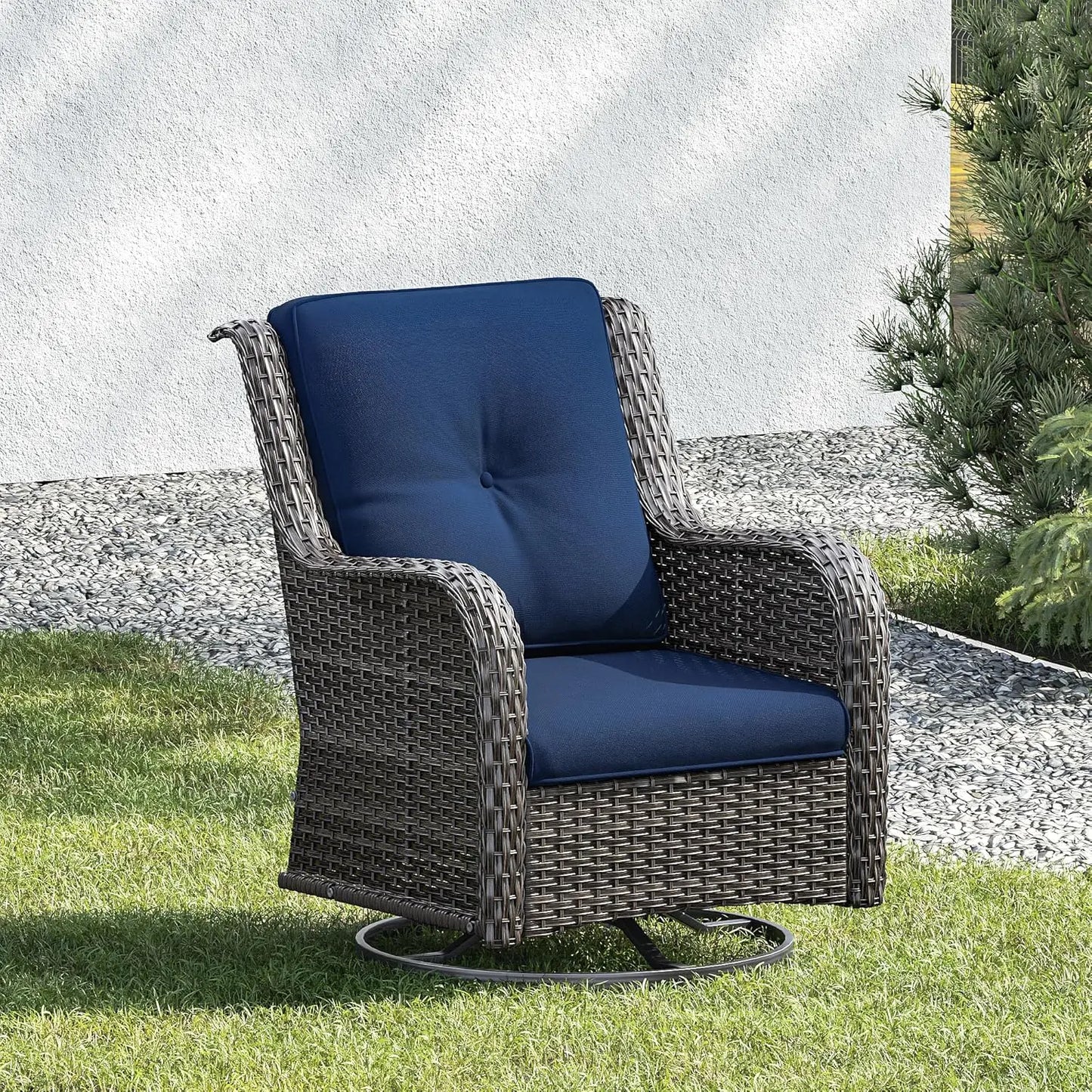 3 Pieces Luxury Wicker Patio Furniture, Outdoor Rattan Furniture with 2 High Back Patio Swivel Chair & Side Table, Thickened