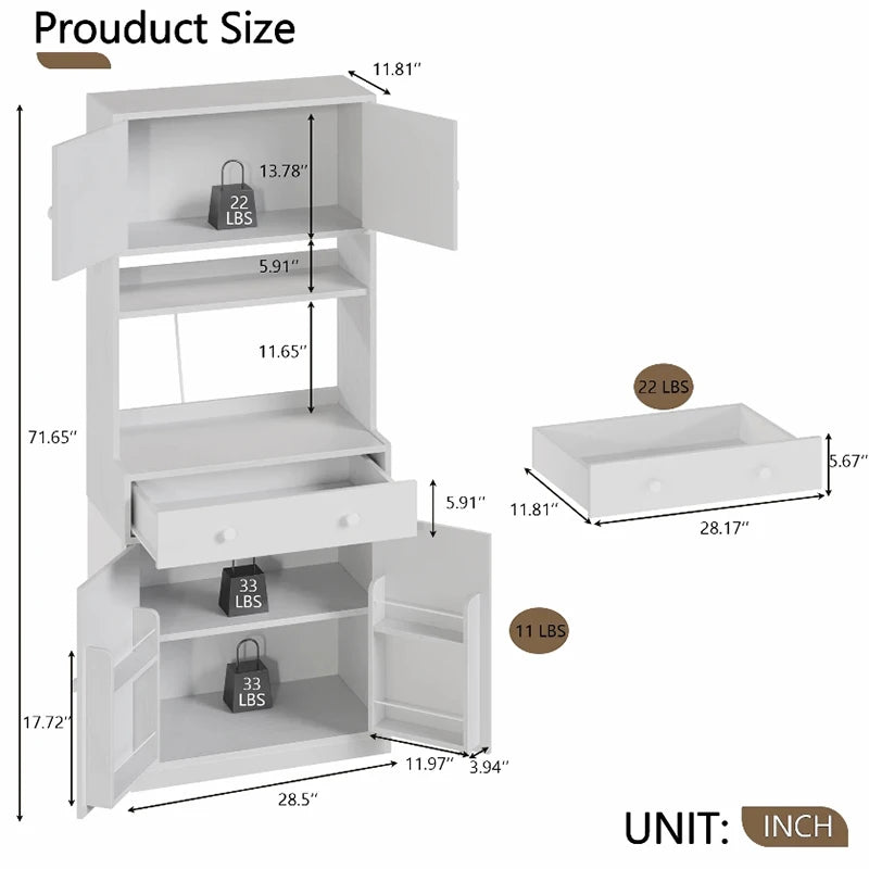 Satifur Tall 71 inch Kitchen Pantry Storage Cabinet with Doors, Drawer, Farmhouse Pantry Cabinet with Power Outlet & LED Light