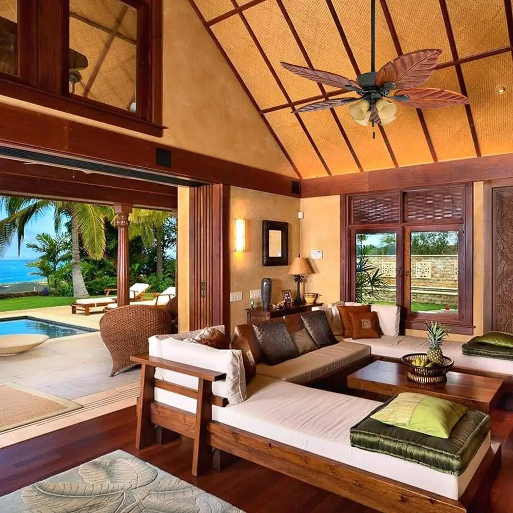 Tropical Ceiling Fan with Light Energy Efficient Hand-Carved Wooden Blades Quiet Reversible Motor Medium Large Rooms
