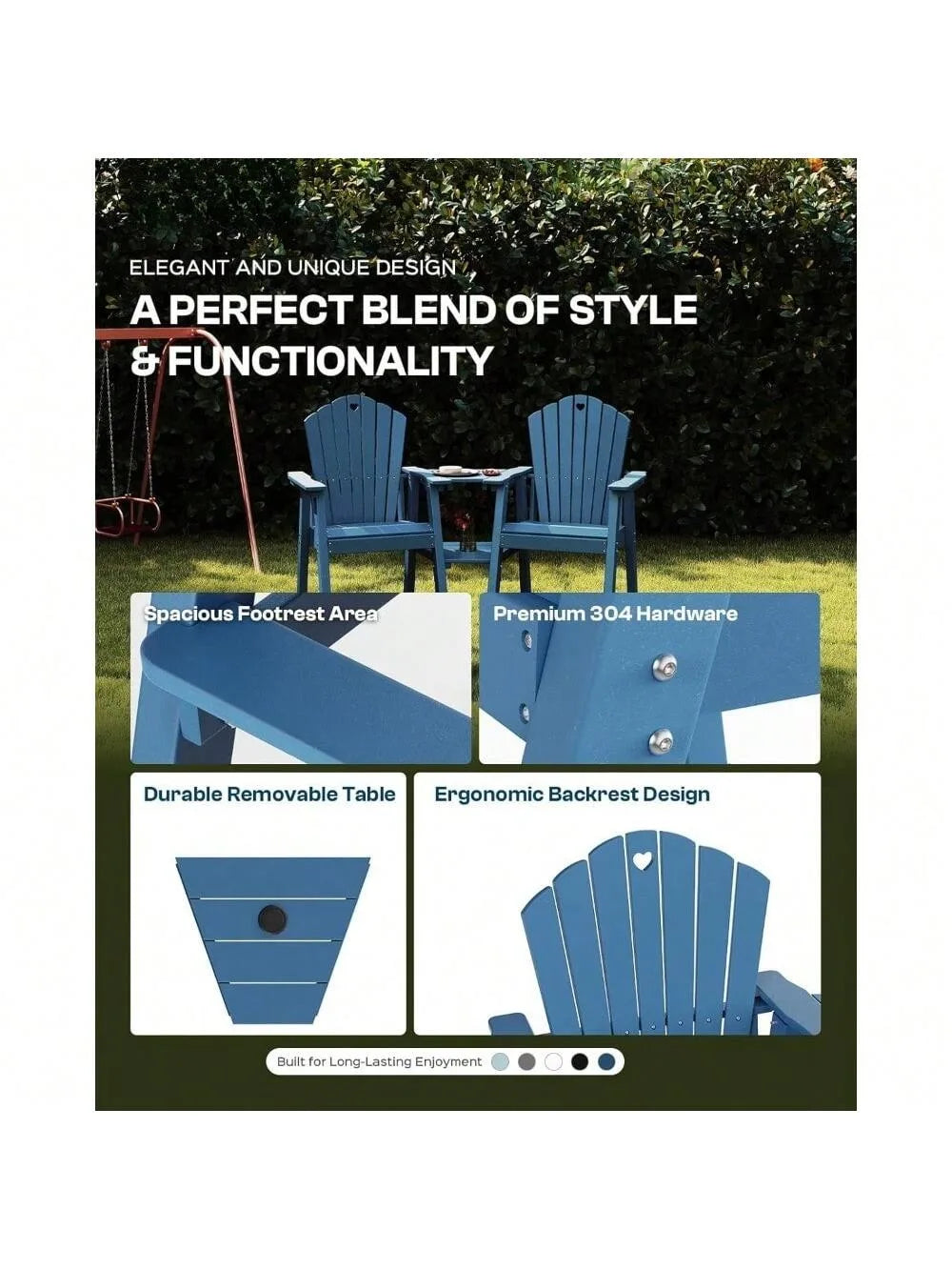 Tall Adirondack Chairs Set of 2 with 2-Layer Connecting Table, HDPE Bar Height Outdoor Table and Chairs with Umbrella Hole