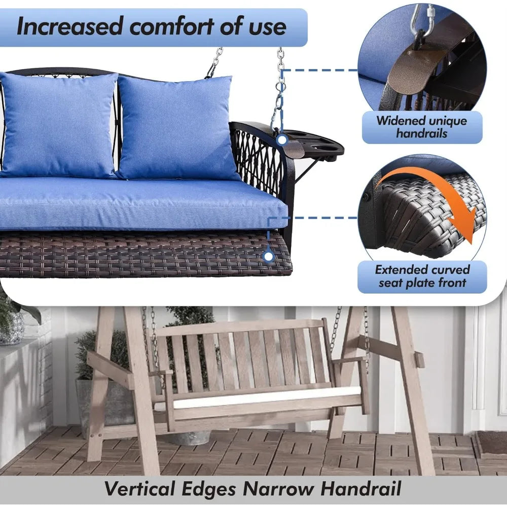 Wicker Porch Swing Heavy Duty 900 LBS 3-Seat Outdoor Patio Swing Chair with Cushions & 8.9ft Chains Outdoor Hanging Bench with U