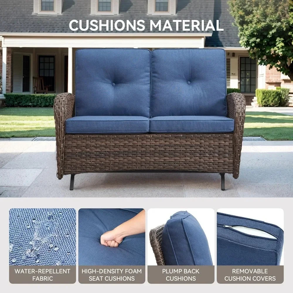 Patio Loveseat Wicker Loveseat Rattan Glider Sofa with Curved Armrest Thicking Back & Seat Cushions for Garden Balcony Backyard