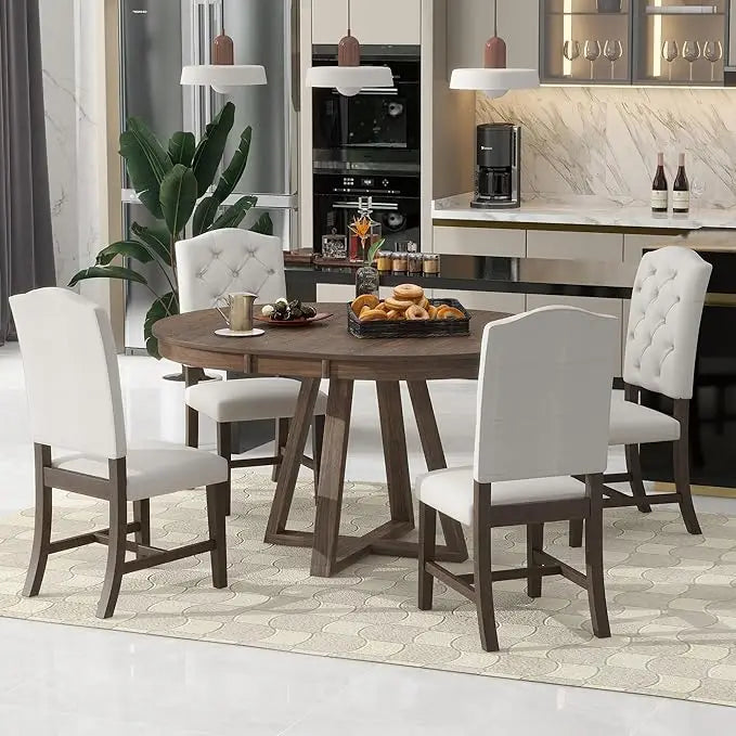 Restaurant Furniture, Extendable Round Kitchen Table Set with 4 Upholstered Chairs, Dining Sets for Kitchen Solid Wood Table