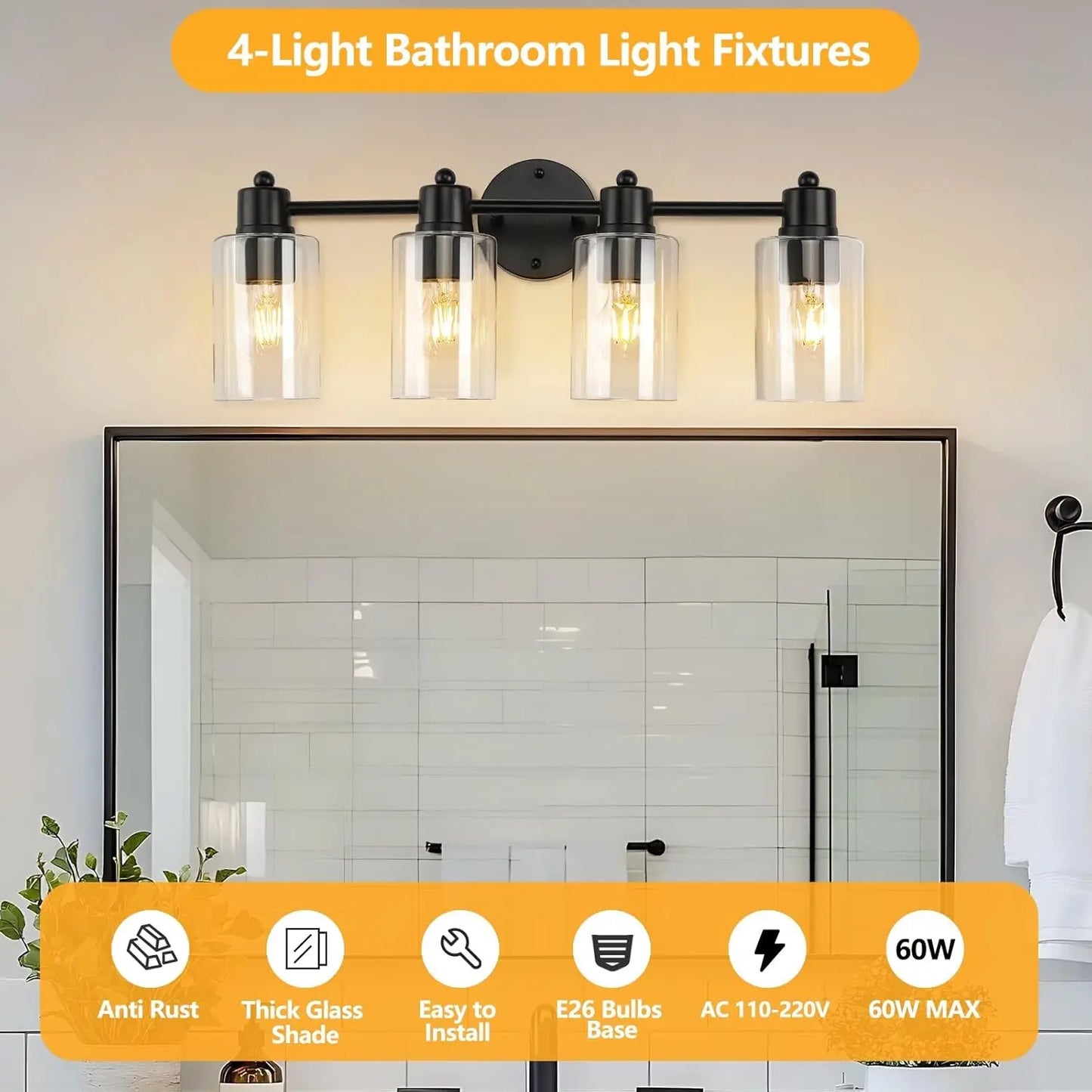 4 Light Vanity Lights, Bathroom Light , Wall Light for Living Room,Mirror, Bedroom, Hallway, Cabinet, Porch with E26 Base