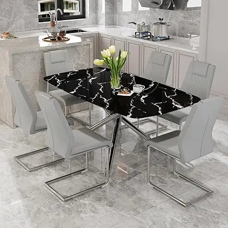 Modern Dining Table Set for 6, 63" Dinner Table Set for 6,Marble-Patterned Tempered Glass Kitchen Tabletop Silver Legs and 6 Bla