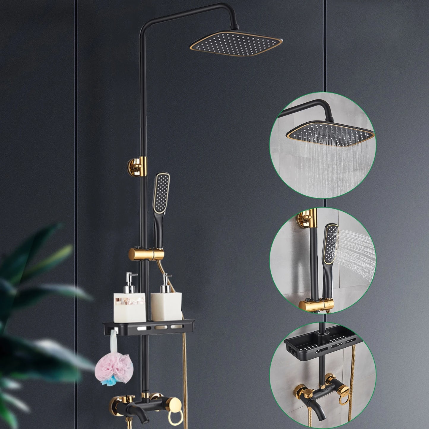 Thermostatic Shower Set Bathroom Metal Black Shower Mixer Faucet Constant Shower Tap Shower Shelf