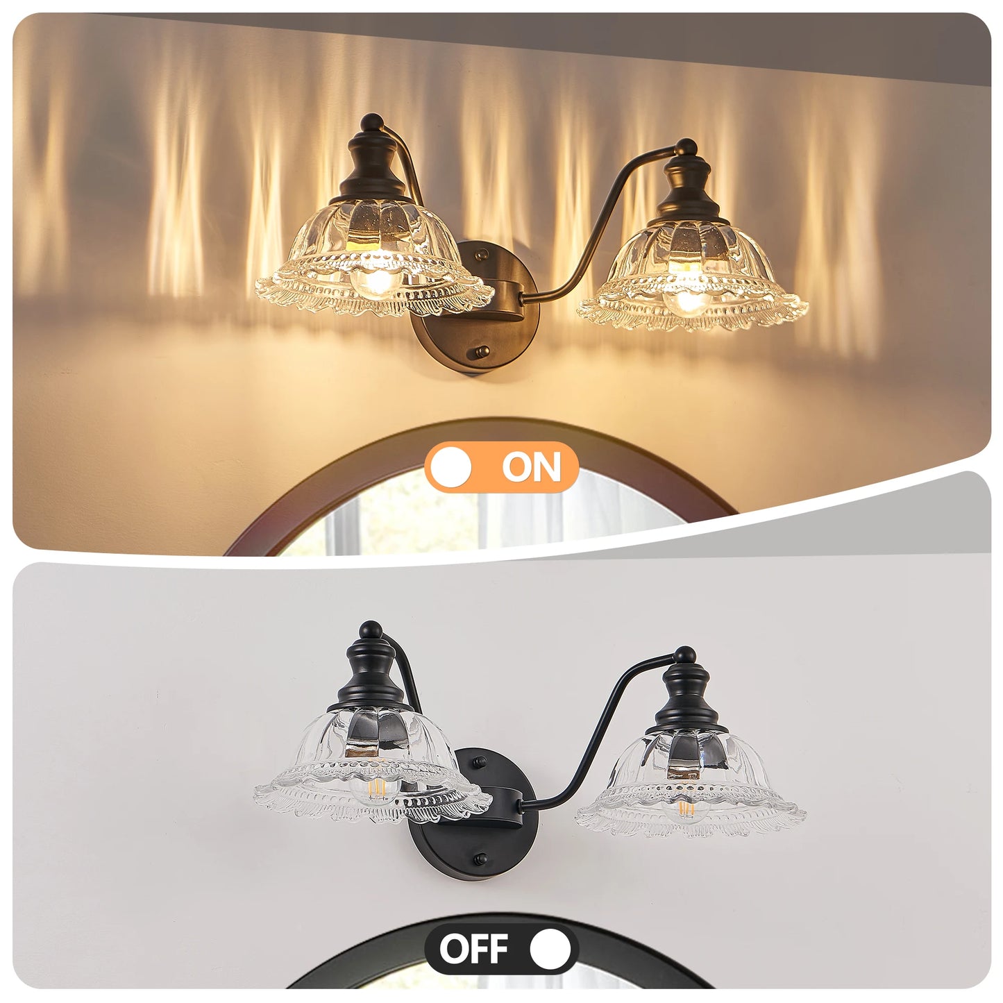 20 英寸 2-Light Vintage Bathroom Wall Sconce – Elegant Black Metal and Glass Lampshade Vanity Light Fixture
