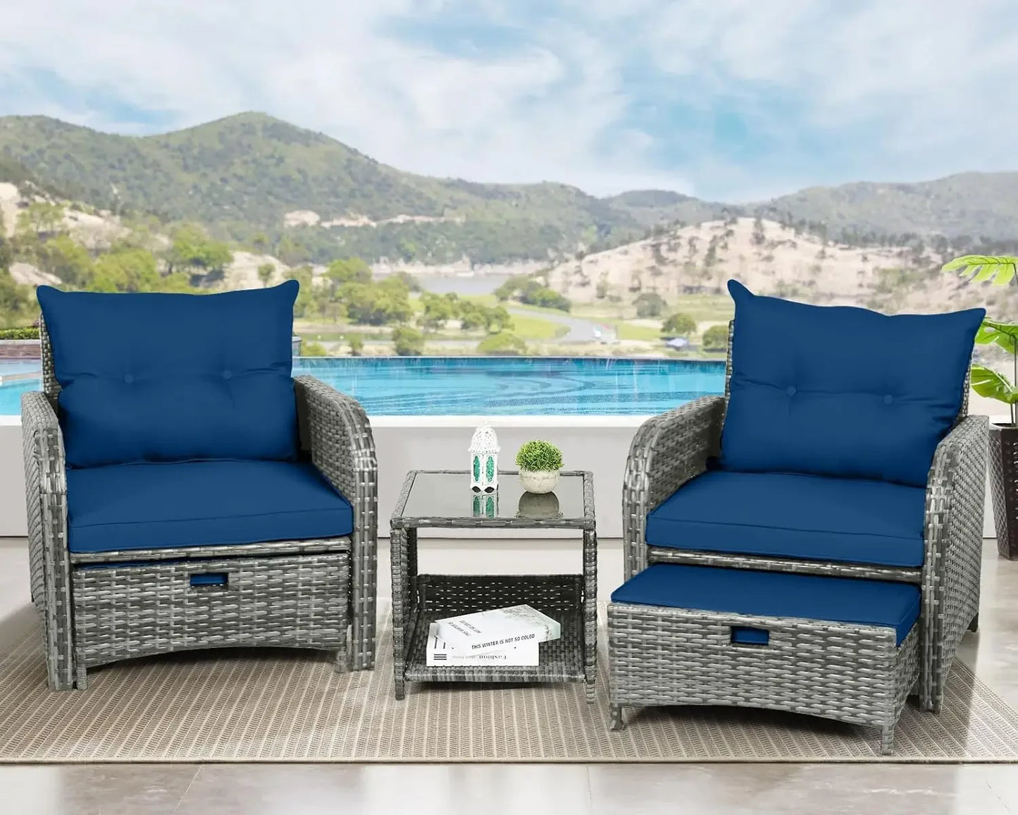 Outdoor Patio Furniture 5 Pieces Wicker Chairs Set with Ottoman All Weather PE Rattan