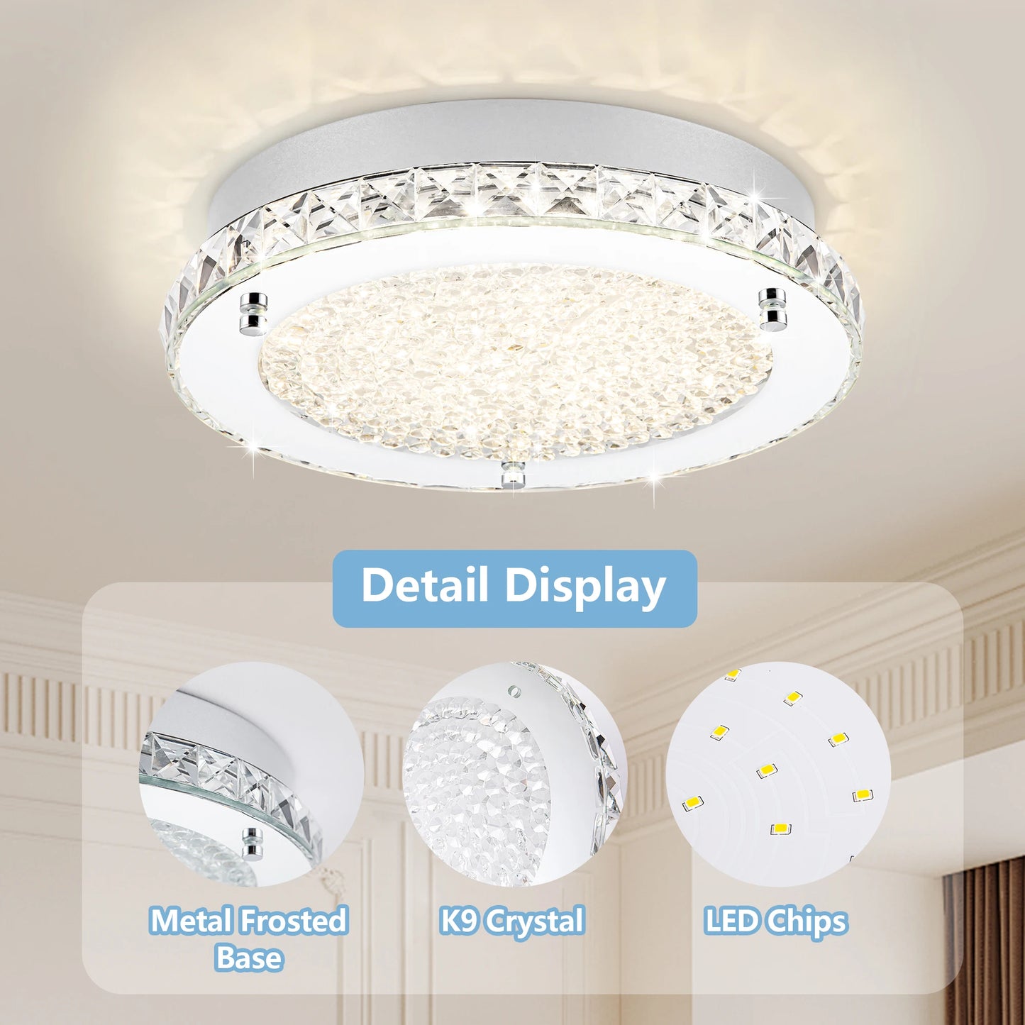 Modern Crystal LED Flush Mount Chandelier - Dimmable Ceiling Light for Kitchen, Bedroom, Bathroom,Hallway