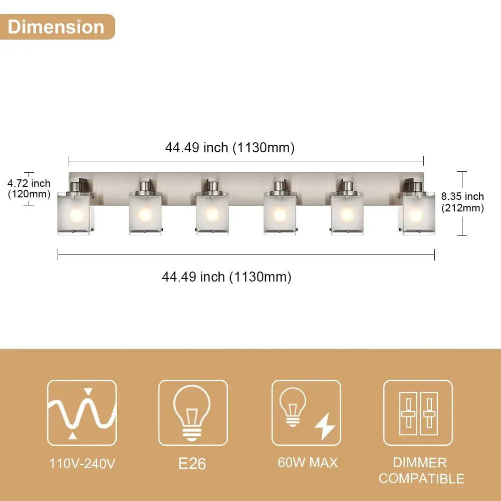 Modern Black Bathroom Vanity Light Fixture with 6 Frosted Glass Rectangular Shades