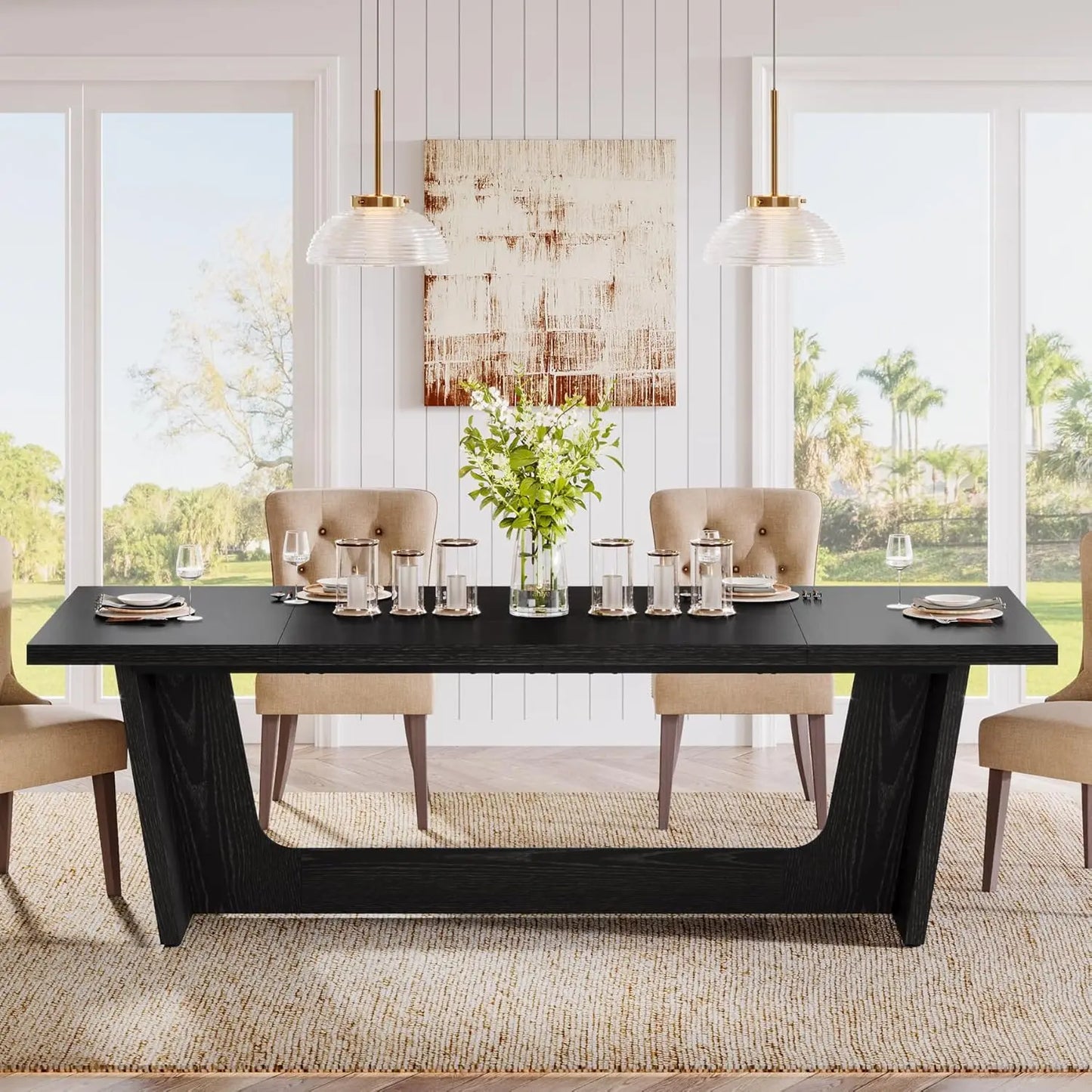 70.87-Inch Dining Room Table: Wood Large Dining Table for 6-8 People, Rectangular Farmhouse Kitchen Table with Solid Pedestal