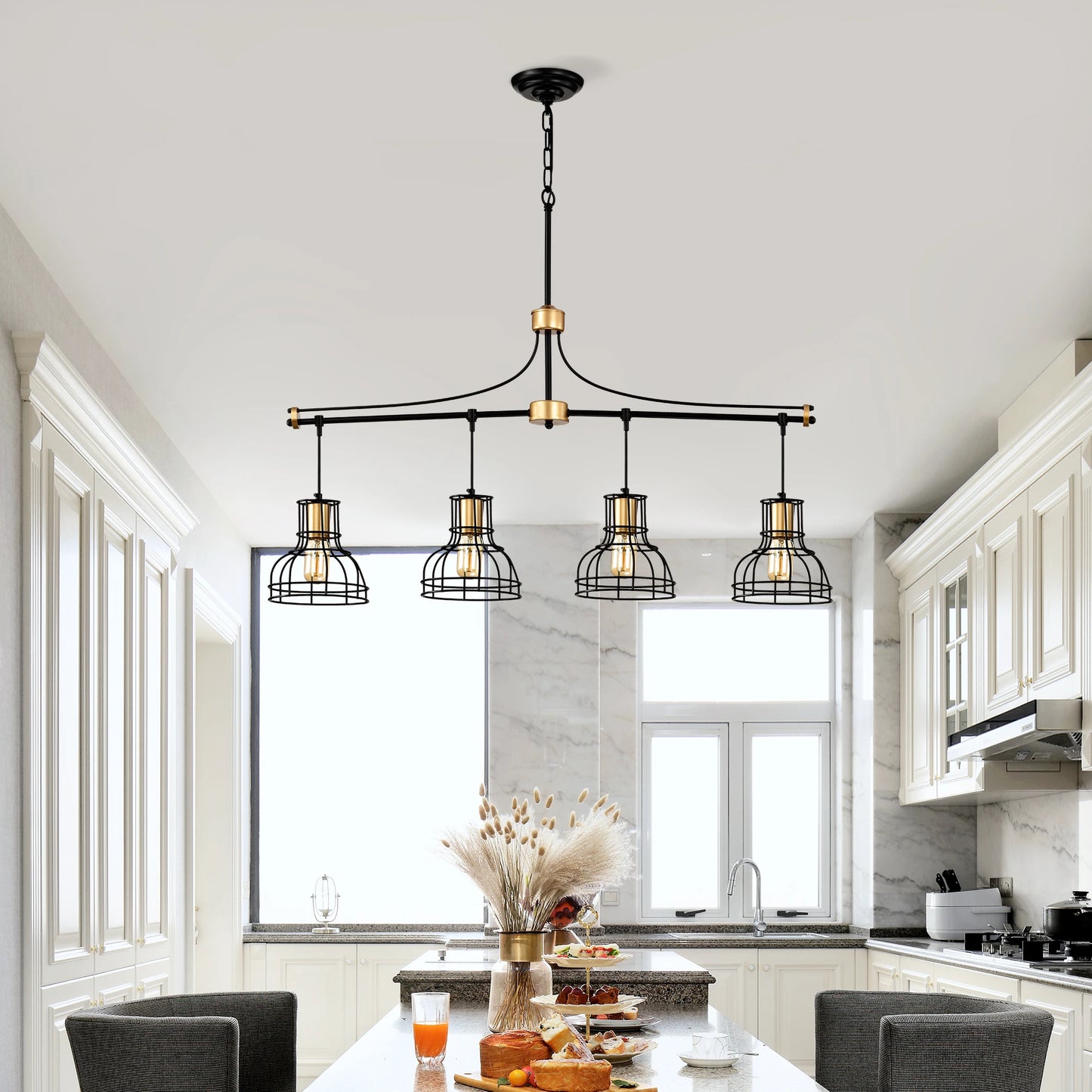 Dining Room Light Fixture/Chandelier Over Table, 40-Inch Hanging for Farmhouse Linear Chandeliers,4-Light Kitchen Island Lightin