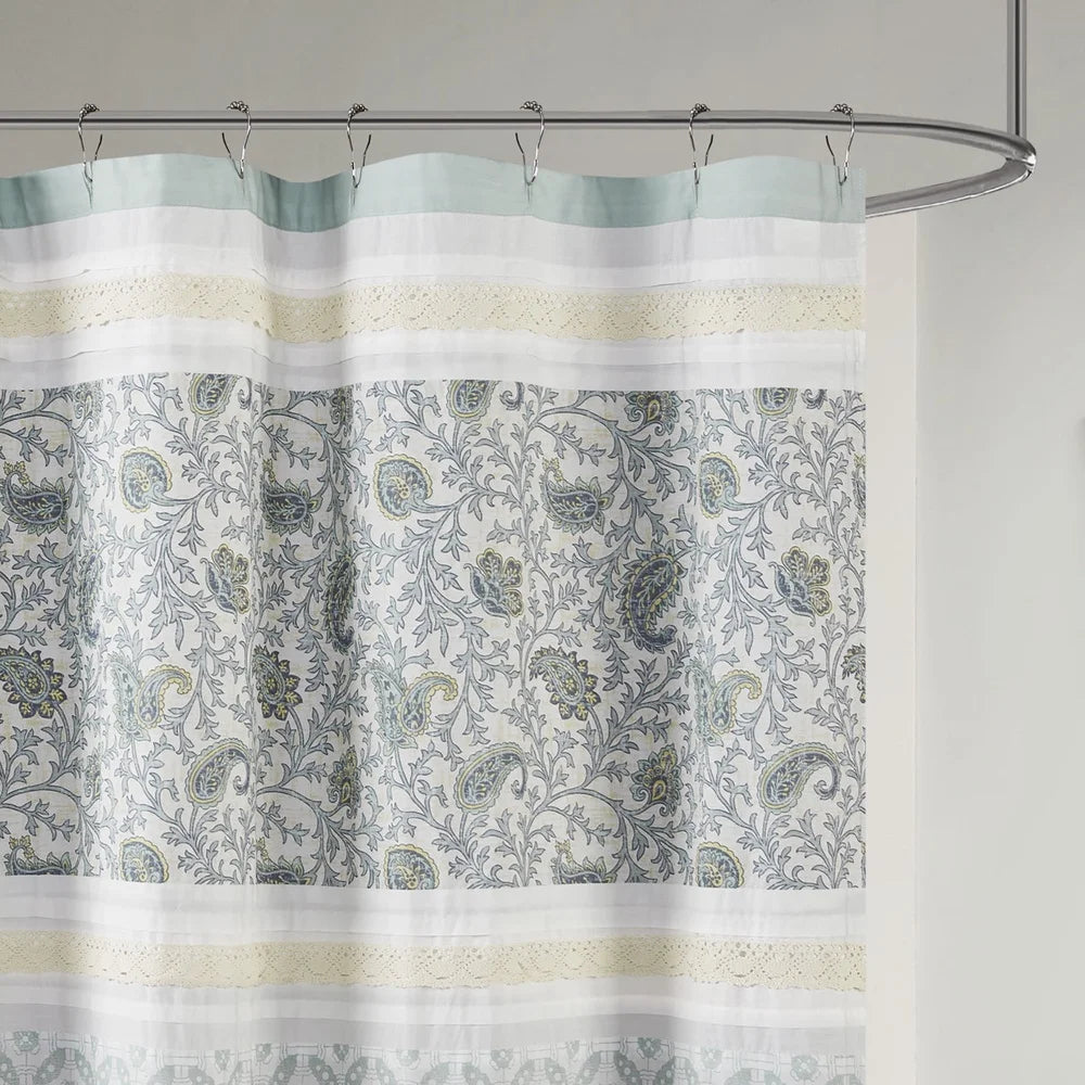 Charming Cotton Shower Curtain with Pintucked Detailing Paisley Design Lace Taping Oeko-Tex Certified Easy Care Machine Washable