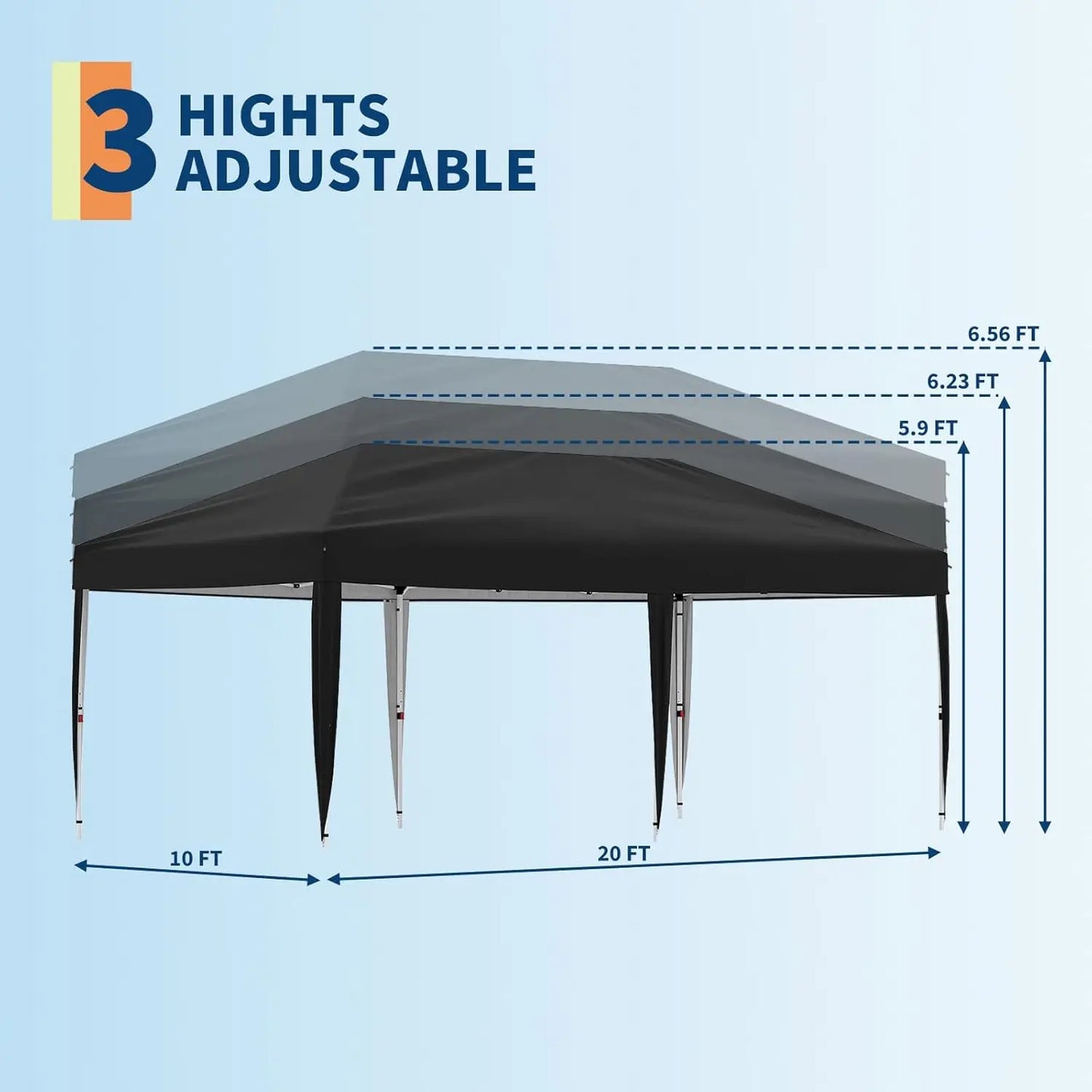 10x20FT Pop Up Canopy - Easy Up Camping Tent with One Roller Bag, 3 Adjustable Height, 4 Weight Bags for Deck Garden Beach