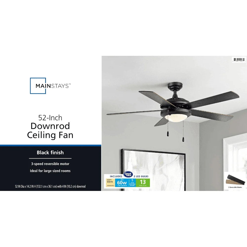 52 Inch Indoor Ceiling Fan with Light Pull Chain Control Reversible Blades Living Room Bedroom Office Airflow