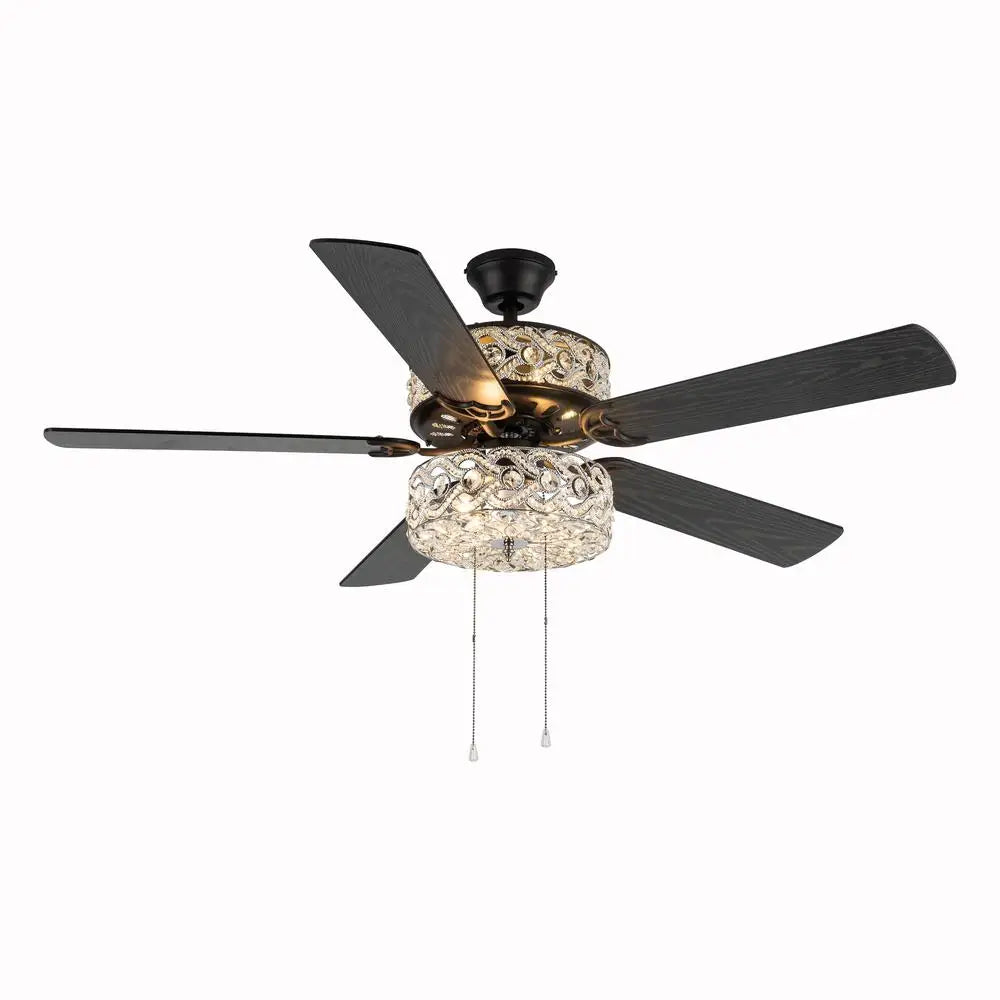 52 Inch 5 Blade Crystal LED Ceiling Fan with Light Reversible Blades Three Speed Motor Flush Mount Downrod Installation