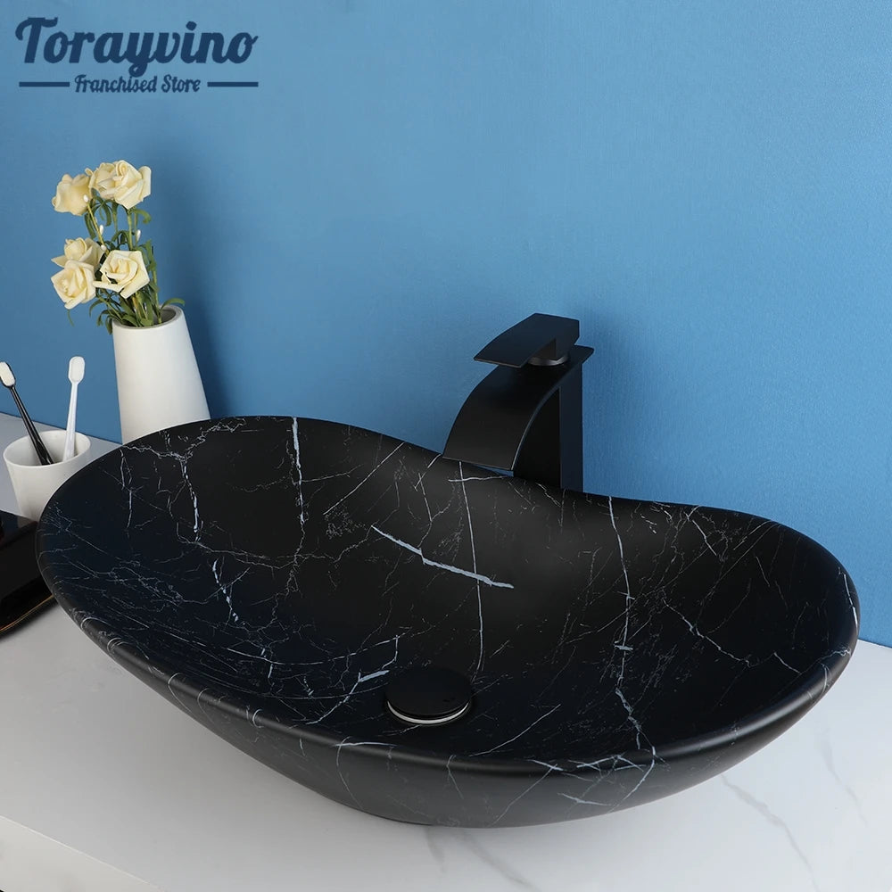 Torayvino Bathroom Basin Sink Faucet Combo Ceramic Lavatory Above Counter Art Basin Vanity Sink Matter Black Faucet Mixer