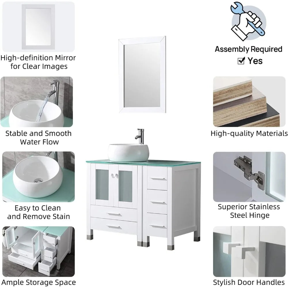 36” White Bathroom Wood Vanity Cabinet Top Ceramic Vessel Sink Faucet Drain Combo with Mirror Vanities Set