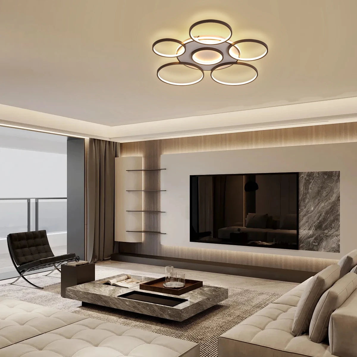 LED Flush Mount Ceiling Light Fixtures Decor Dimmable with Remote Modern Rings Design Kitchen Island Chandelier Dining Room