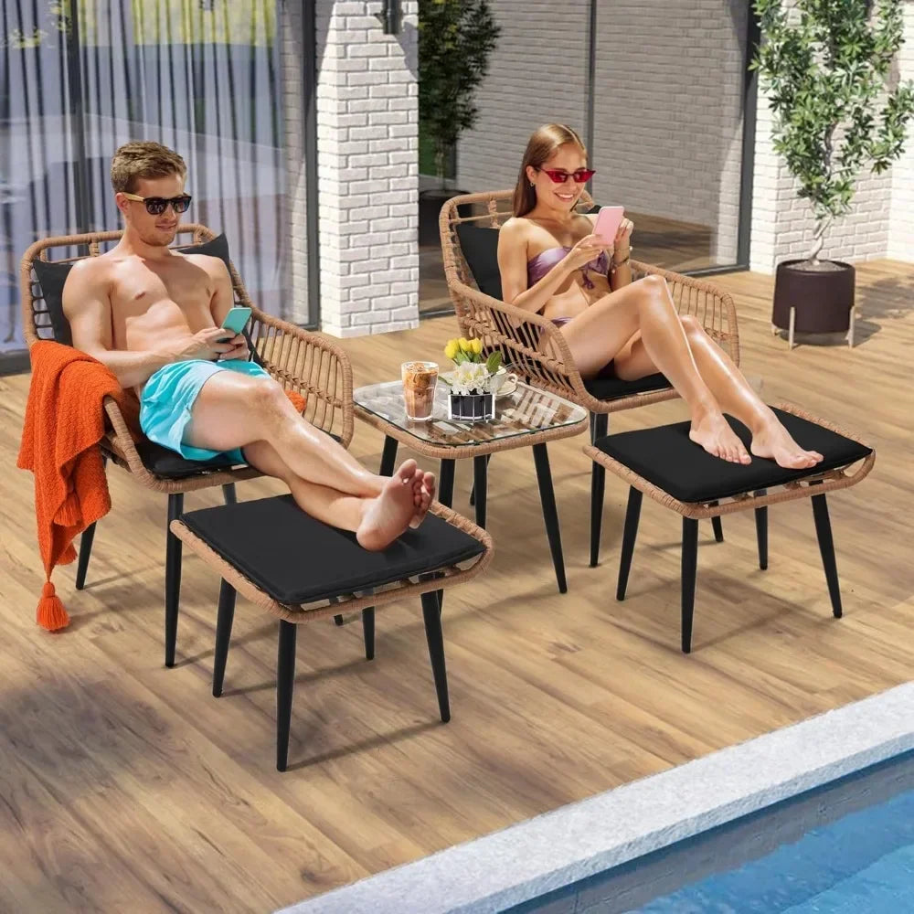 5 Piece Wicker Bistro Patio Conversation Furniture Set, Includes 2 Chairs, 2 Ottomans, and Side Table, Ideal for Porch, Balcony