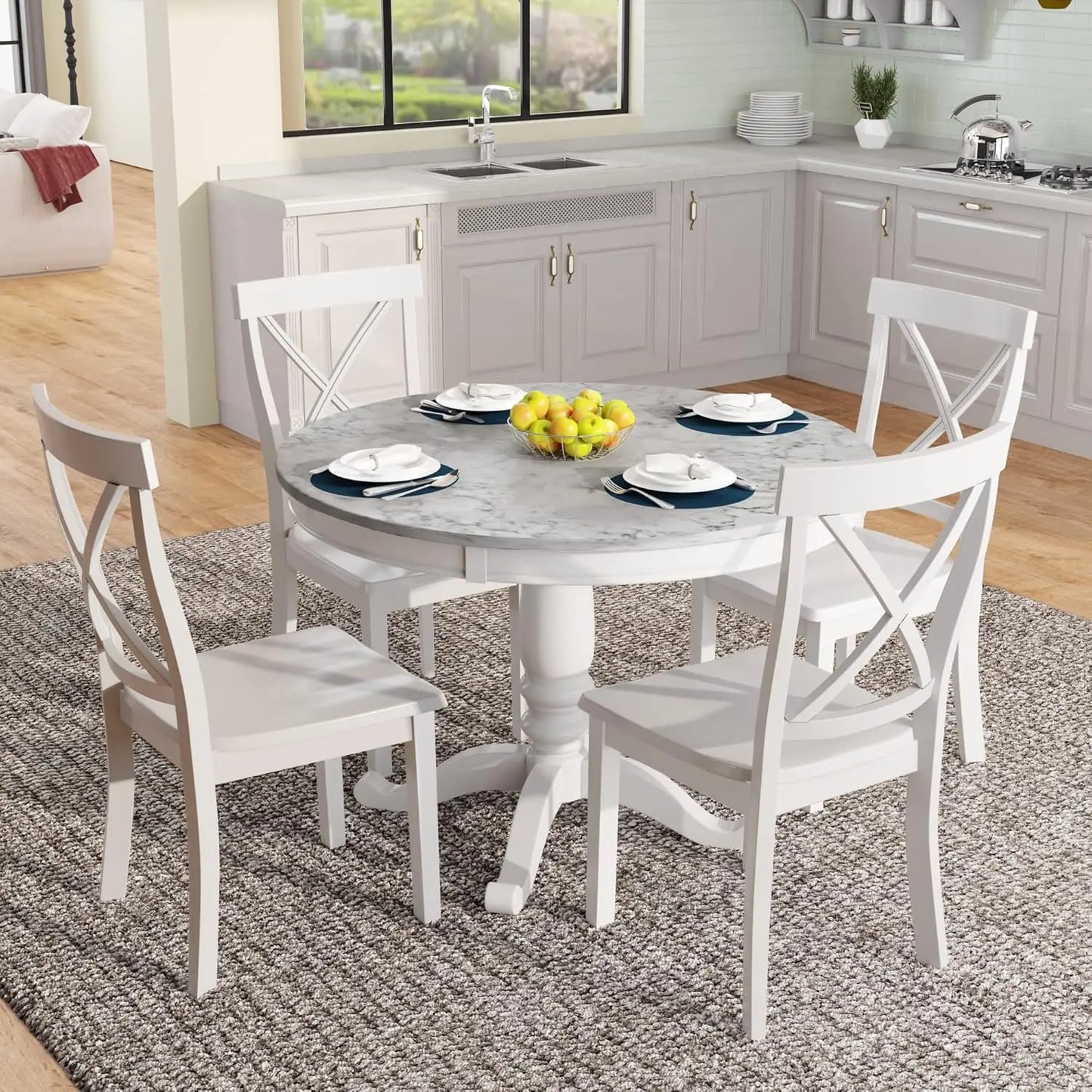 5 Pieces Dining Table and Chairs Set for 4 Persons, Farmhouse Rustic Modern Kitchen Room Solid Wood Pedestal Table with 4 Cross