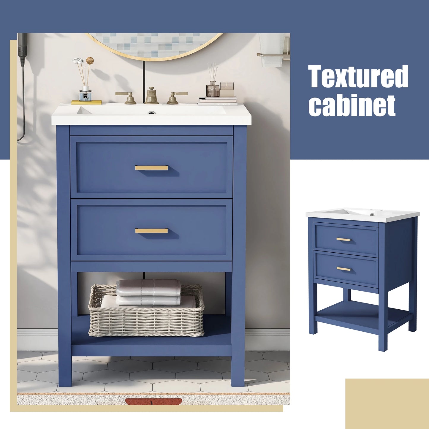 SH.KL 24'' Bathroom Vanity with Top Sink, Free Standing Single Basin Vanity Set with 2 Drawers, Wooden Bathroom Cabinet, Blue