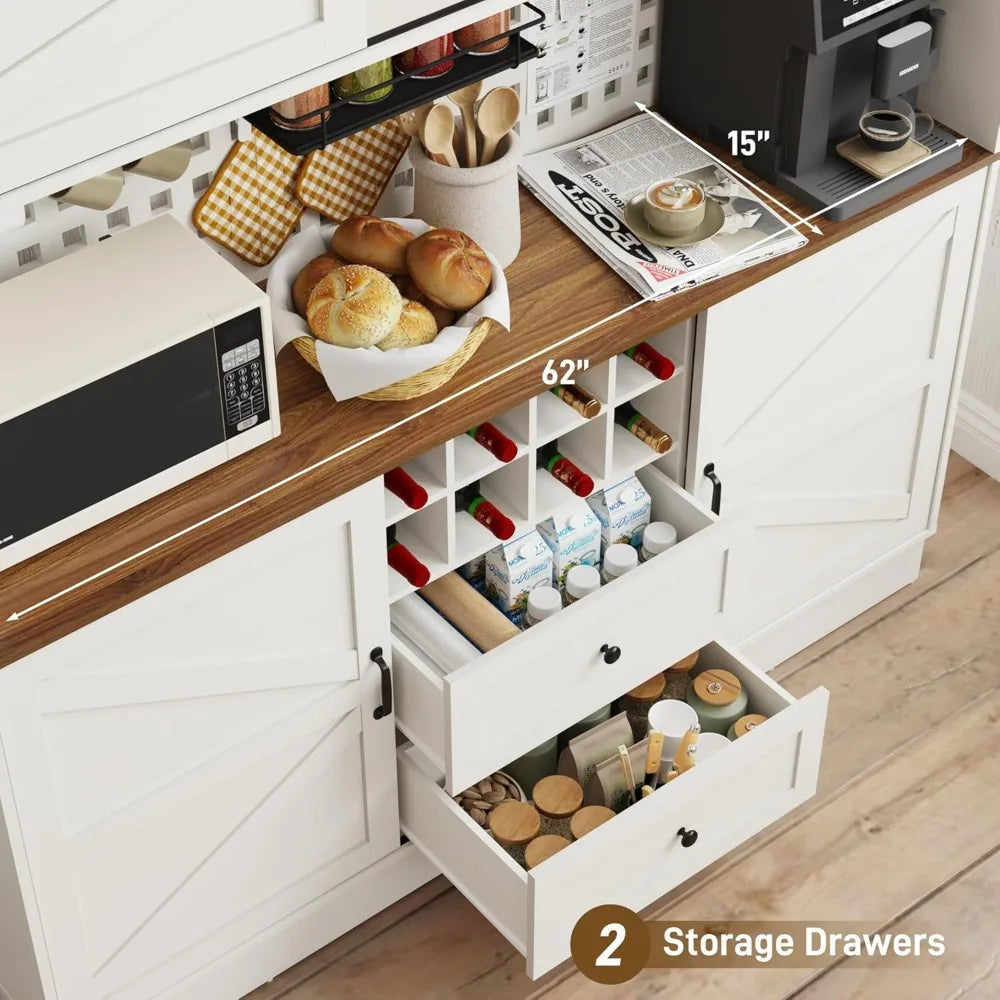 75” Kitchen Pantry Storage Cabinet, Farmhouse Kitchen Hutch Cabinet with Power Outlet,with Microwave Shelf & Wine Rack